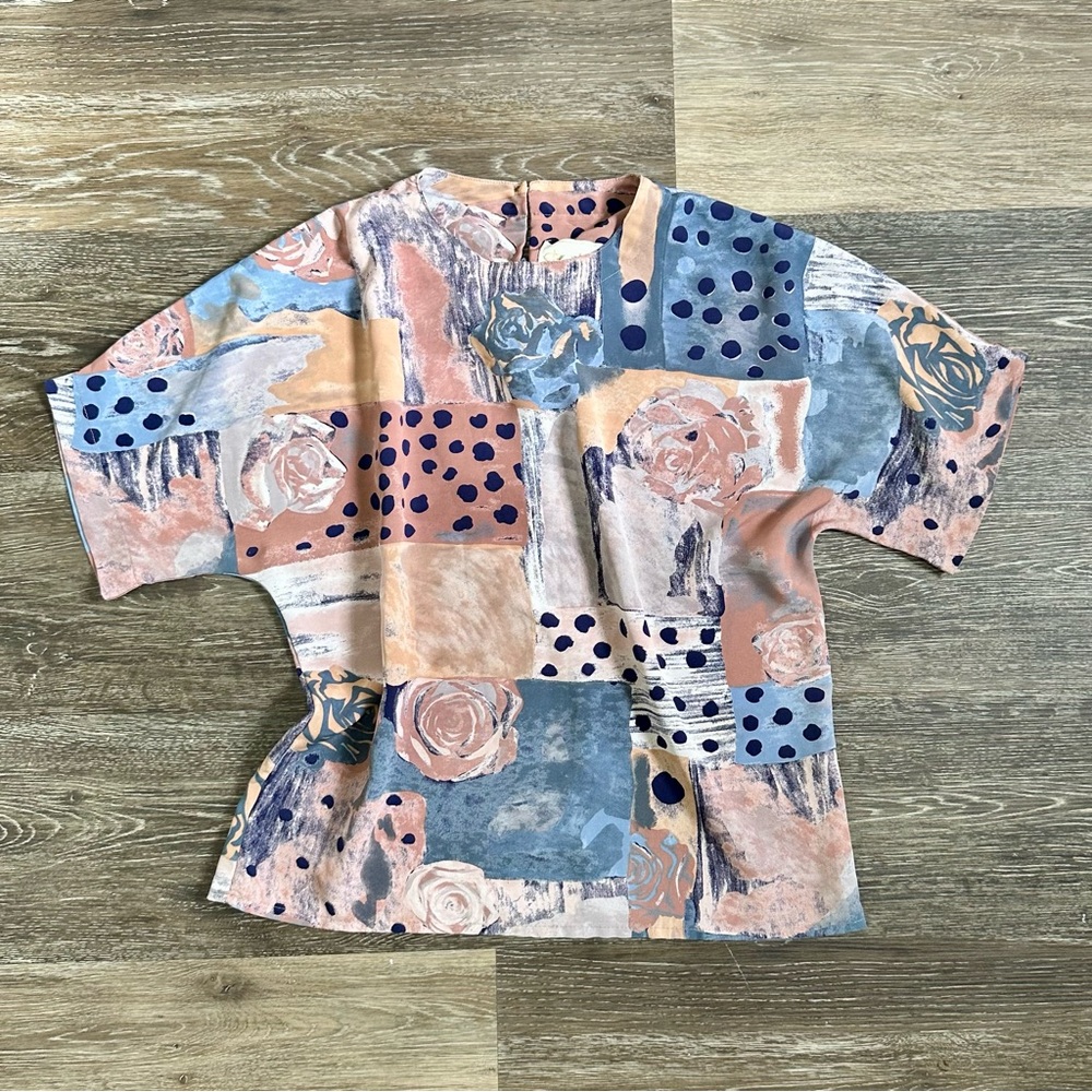 VTG Che Studio 80s 90s Abstract Rose Polka Dot Boxy Blouse Top Made in USA S